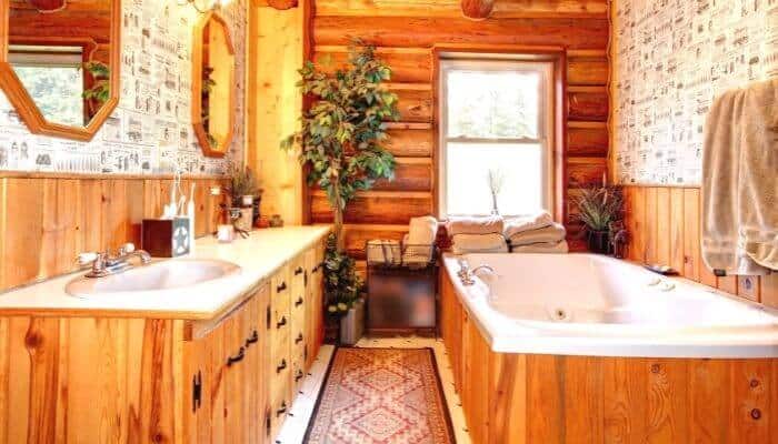 a bathroom styled with lots of wood